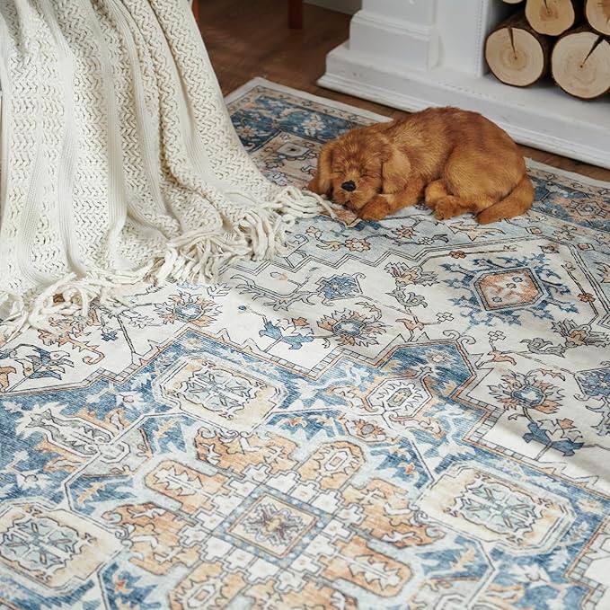 jinchan Area Rug 5x7 Entryway Washable Rug Soft Thin Vintage Low Pile Non Slip Distressed Carpet Indoor Doormat Oriental Medallion Rug for Bedside Bathroom Bedroom Laundry Room Dining Room Blue Multi