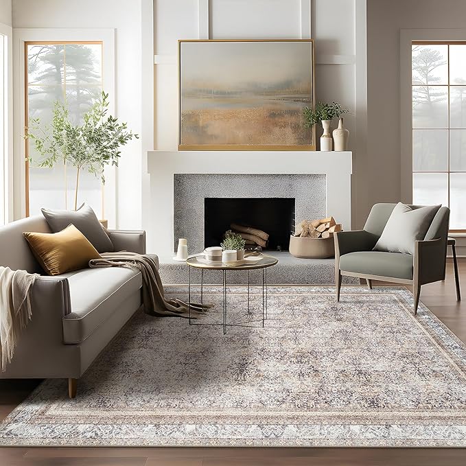 Phantoscope Vintage Collection Area Rug 6'x9' - Washable Rug Boho Rugs Non-Slip for Living Room, Bedroom, Dining Room, Dorm, Indoor Low-Pile Carpet Distressed Accent Rug, Light Brown