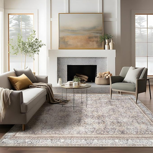 Phantoscope Vintage Collection Area Rug 6'x9' - Washable Rug Boho Rugs Non-Slip for Living Room, Bedroom, Dining Room, Dorm, Indoor Low-Pile Carpet Distressed Accent Rug, Light Brown
