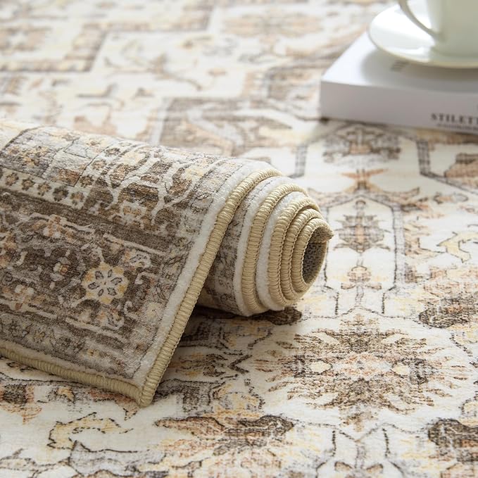 jinchan Runner Rug 2x5 Vintage Hallway Runner Rug Boho Washable Rug Floral Kitchen Runner Rug Retro Accent Non Slip Tribal Distressed Soft Rug for Bedroom Bathroom Laundry Room Doorway Taupe