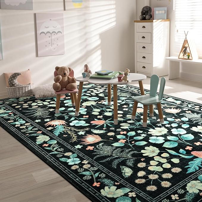 Area Rugs for Living Room, 6x9 Washable Non-Slip Rug for Bedroom, Vintage Floral Carpet for Home Office Nursery Dining Room Kitchen, Black