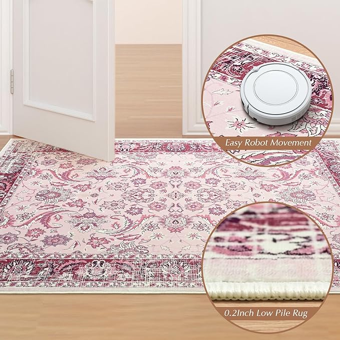 Area Rugs for Living Room, Washable 5x7 Area Rug for Bedroom, Floral Non-Slip Carpet for Nursery Home Office Dining Room Kitchen, Pink and White