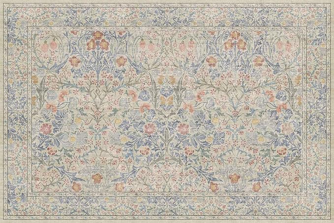 Washable Entry Rug - Front Door Rugs Indoor, Non-Slip Bathroom Small Rugs, Vintage Floral Style Rug for Kitchen, Perfect for Entryway Décor (2x3 Beige Blue)