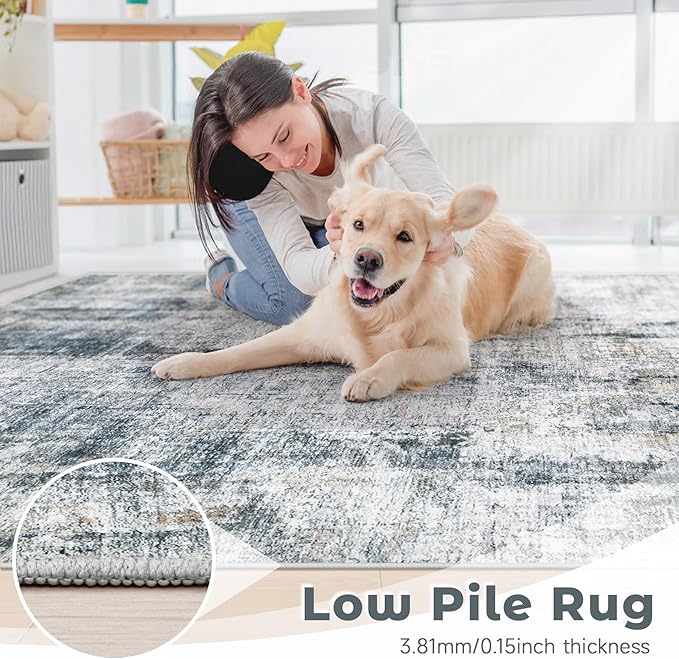 Washable Entryway 2x3 Rugs: Neutral Small Area Rug Abstract Non Slip Modern Indoor Door Mat for Kitchen Bedroom Hallway Office (Multi Blue, 2'x3')