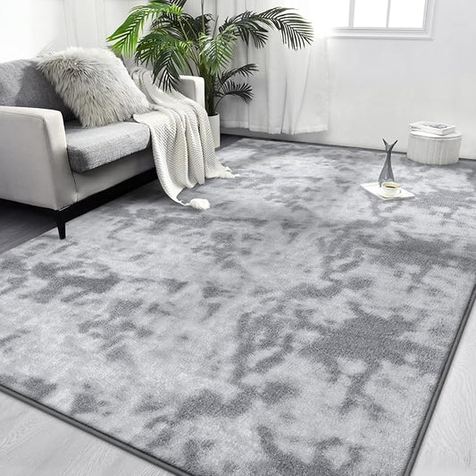 FlyDOIT Large Area Rugs for Living Room Bedroom, 5x8 Ft Tie-Dyed Light Grey Ultra Soft Comfy Thickened Memory-Foam Indoor Carpets, Cozy Modern Floor Rug for Boys Girls Playroom Dorm Nursery Home Décor