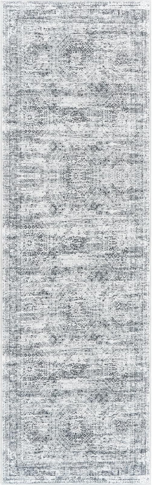 Washable Runner Rug, 2'6" x 8' Non-Slip Kitchen Vintage Foldable Hallway Runners for Entryway, Laundry, Bedroom, Grey