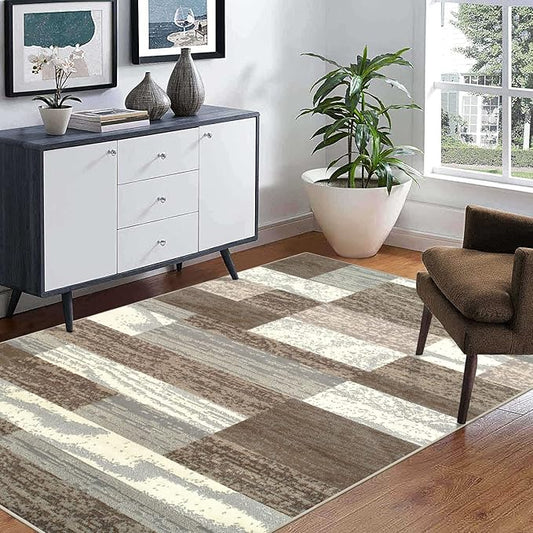 Superior Indoor Area Rug, Jute Backed, Modern Geometric Patchwork Floor Decor for Bedroom, Office, Living Room, Entryway, Hardwood Floors, Rockwood Collection, 4' x 6', Light Blue-Ivory