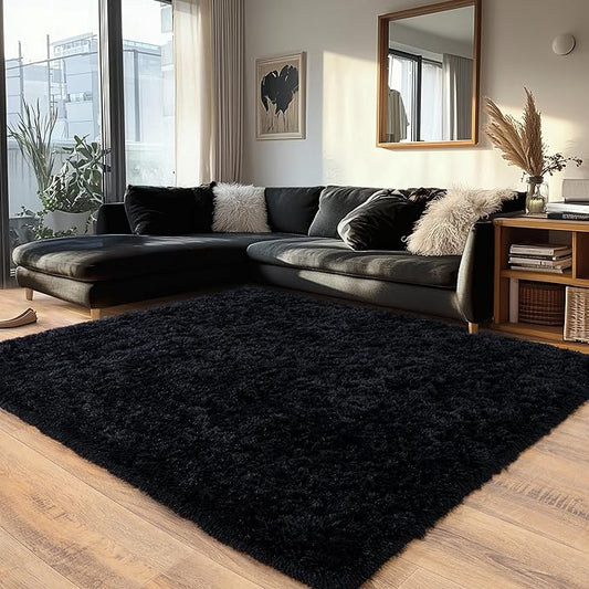 Black Fluffy Rug for Bedroom 6x9 ft - Ultra Soft & Non Slip Shaggy Area Rug, Comfy Durable Carpet for Living Room Kids Room Teens Dorm Home Decor, 1.7'' Thick Indoor Plush Carpets