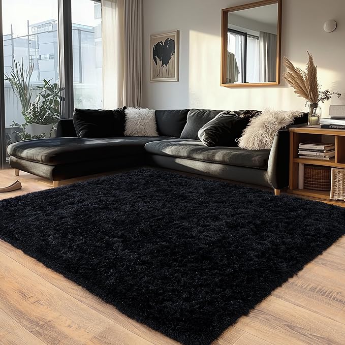 Black Fluffy Rug for Bedroom 5x7 ft - Ultra Soft & Non Slip Shaggy Area Rug, Comfy Durable Carpet for Living Room Kids Room Teens Dorm Home Decor, 1.7'' Thick Indoor Plush Carpets
