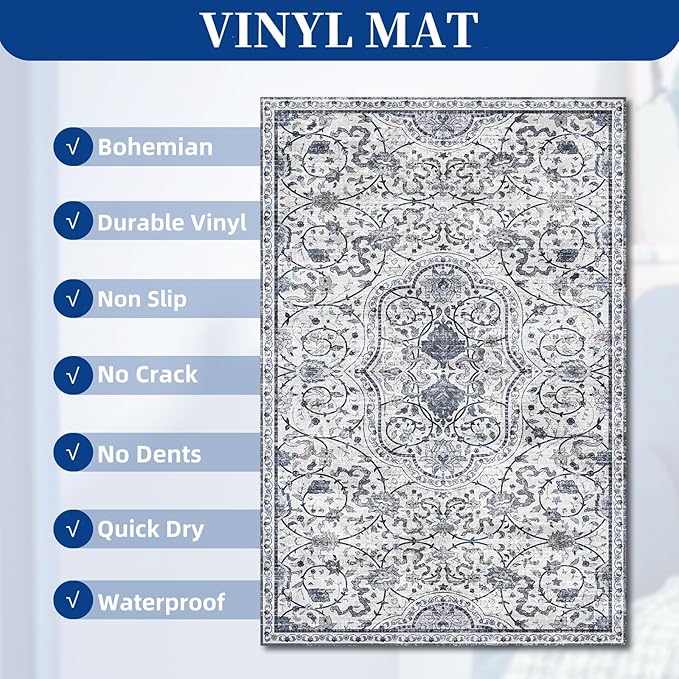 SALLOUS Runner Rug for Hallway, 3x10ft Vinyl Floor Mat for Home, Area Rug for Living Room Bedroom, Waterproof Kitchen Mat, Runner Rug for Bathroom, Entryway (Grayish Blue Bohemian-Style)