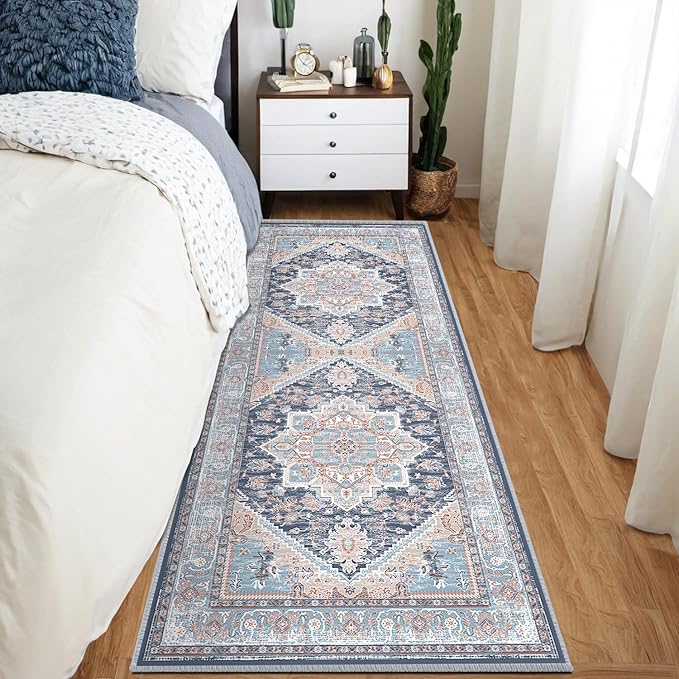 BESTSWEETIE 2x6 Area Rugs for Living Room Washable Non Slip Carpet Low Pile Soft Vintage Print Pattern Rug for Bedroom Dining Room Kitchen Entryway Indoor-Navy Blue/Light Blue/Natural/Brick