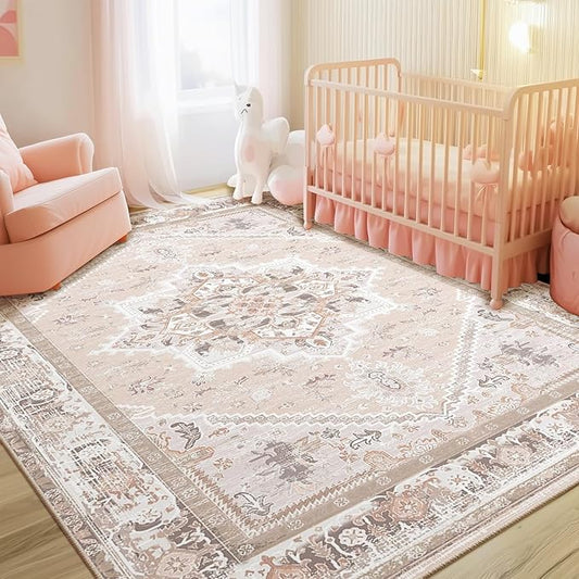 BESTSWEETIE 5x7 Area Rugs for Living Room Washable Non Slip Carpet Low Pile Soft Vintage Print Pattern Rug for Bedroom Dining Room Kitchen Entryway Indoor-Light Pink