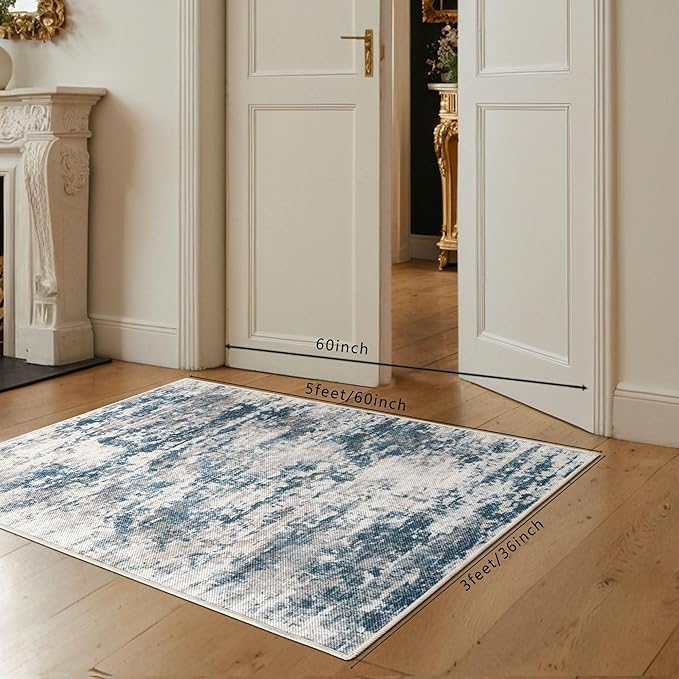 3x5 Abstract Washable Area Rug, Doormat Rugs, No Pile, Tear and Stain Resistance, Non-Slip, Hand Woven Style Thin Entryway Rug Throw Rug for High Traffic Entrance Bedside- Blue