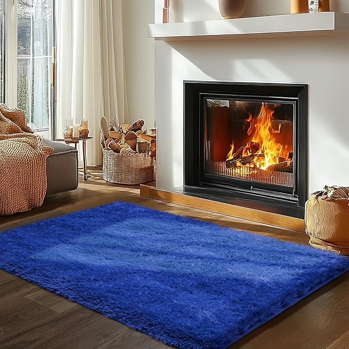 Zentavio Rugs for Boys Room Blue 3x5 Area Rugs for Living Room Small Navy Carpet for Bedroom Washable Soft Fluffy Shag Aesthetic Plush High Pile Throw Rug for Nursery Kids Room Dorm Room