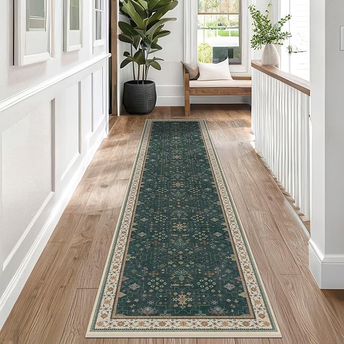 Vintage Dark Green 2x10 Kitchen Rug - Modern Boho Eclectic Floral Pastel, Washable Low Pile Non-Slip Extra Long Runner Rugs for Hallway, Bedroom