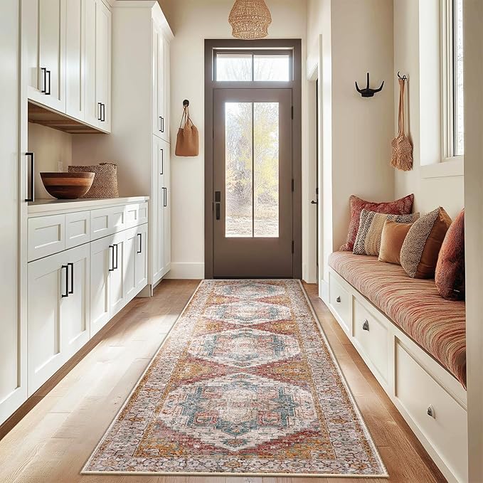 Washable 2x10 Area Rugs, Rugs for Living Room, Low-Pile Water&Stain Resistant Carpet Vintage Distressed Printed Non-Slip Carpet for Bedroom Bathroom Kitchen-Yellow/Brown