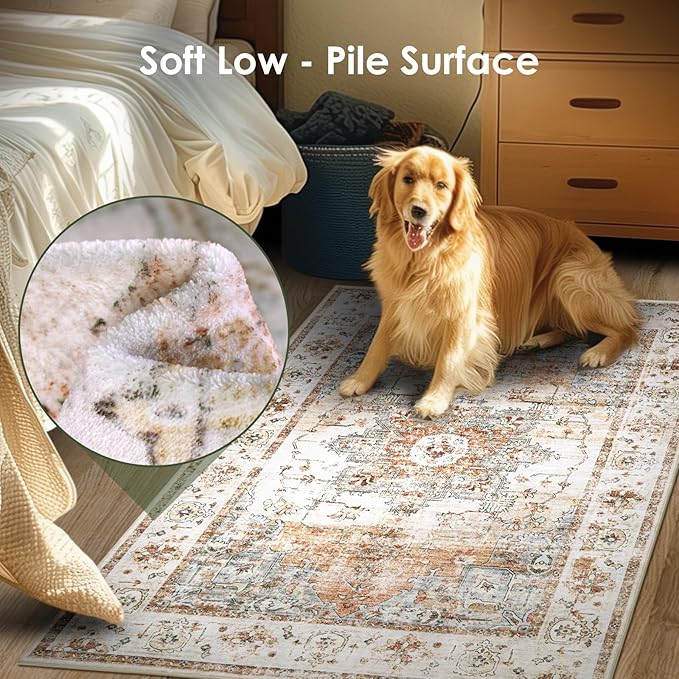 Washable Area Rug for Entryway - 3x5 Soft Indoor Vintage Print Mat Thin Foldable Lightweight Non-Slip Kitchen Bathroom Bedroom, Red