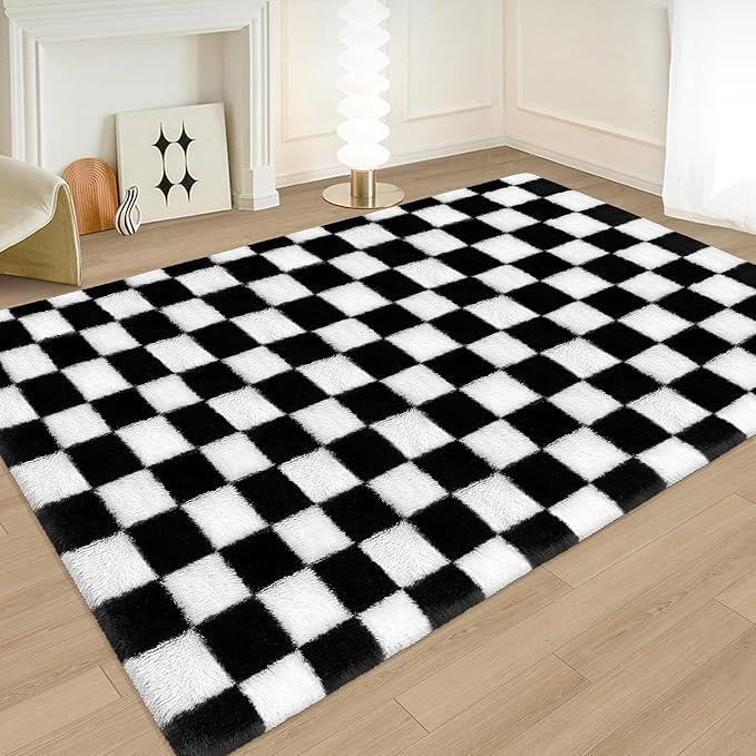 5x8 Ft Large Area Rug for Living Room,Soft Black and White Rug Shag Fluffy Rug for Bedroom Aesthetic Plush Checkered Rugs for Kids Girls Boys Teen Playroom Dorm Classroom Home Decor