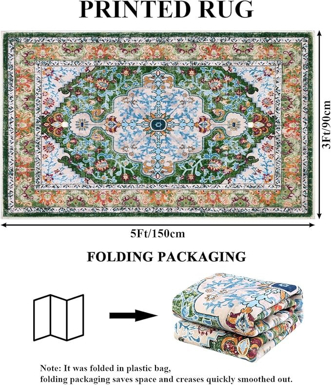 U'Artlines Boho Vintage Area Rug 3x5 Machine Washable Low Pile Soft Floor Carpet Non Slip Non Shedding Accent Rug for Living Room Bedroom Entryway Dining Room Office Green