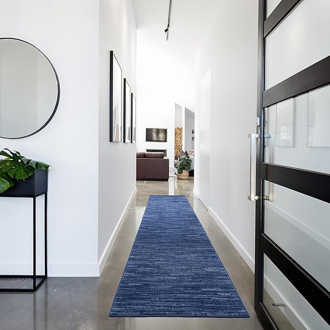 Nourison Essentials Indoor/Outdoor Navy Blue 2'2" x 14 Area Rug, Easy Cleaning, Non Shedding, Bed Room, Living Room, Dining Room, Backyard, Deck, Patio (2x14)