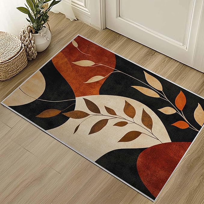 2x3 Entryway Rugs Machine Washable Boho Area Rug Vintage Black Brown Leaf Modern Abstract Rug Non-Slip Low Pile Door Mat Entrance Small Carpet for Home Kitchen Bathroom Bedroom