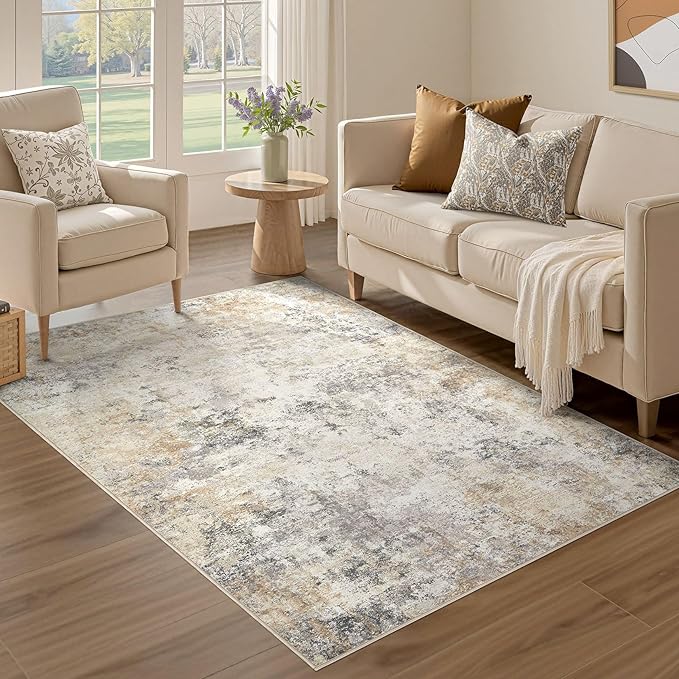 3x5 Area Rug Living Room Rugs - Washable Neutral Modern Abstract Soft Thin Rug Indoor Floor No Slip Rug Carpet for Bedroom Under Dining Table Home Office Decor - Golden Grey