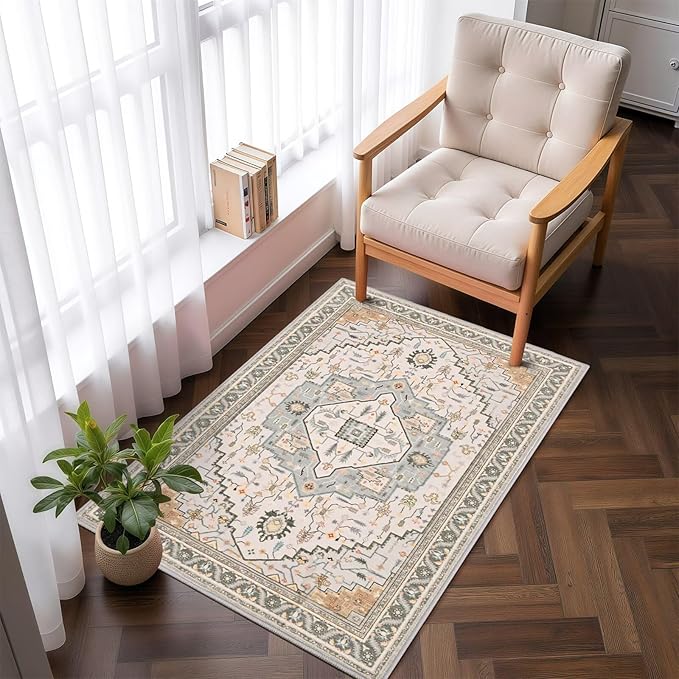 2x3 Grey Beige Small Area Rug for Entryway, Soft Washable Rugs with Non-Slip Backing for Bedroom Kitchen, Vintage Throw Carpet Laundry Entry Front Door Decor