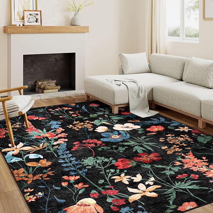 Black Area Rug 6x9 Floral Washable Living Room Kitchen Boho Carpet Non Slip Low Pile Indoor Accent Lightweight Soft Throw Rug for Bedroom Office Dining Room Nursery Farmhouse