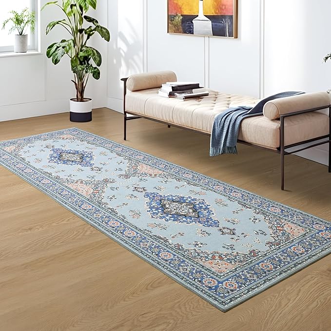 Tepook 2x6 Runner Rug for Hallway, Low Pile Washable Kitchen Rugs Runner Carpet, Non-Slip Vintage Indoor Throw Rugs for Bedroom Entryway Laundry Room Bedside Bathroom - Blue/Grey