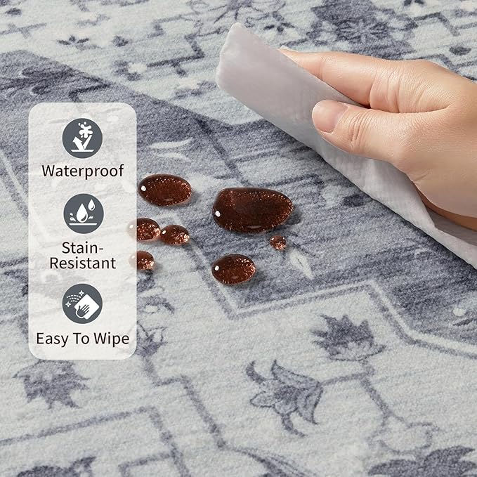 4x6 Washable Area Rug for Living Room, Vintage Boho Rugs for Office, Dining Room, Kids Room, Farmhouse, Durable Low Pile Non Slip Carpet for High Traffic Areas, Blue Quartz