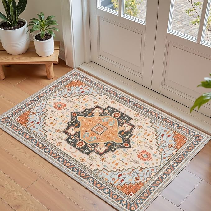 2x3 Orange Beige Small Area Rug for Entryway, Soft Washable Rugs with Non-Slip Backing for Bedroom Kitchen, Vintage Throw Carpet Laundry Entry Front Door Decor