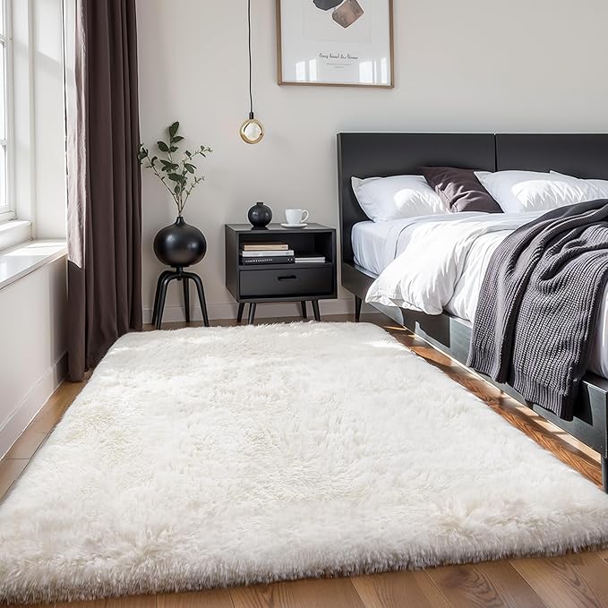 Thick Area Rug 5x8 Cream White Fluffy Shag for Bedroom, Washable Fuzzy Rug for Living Room, Modern Soft Shaggy Furry Plush Thickened Carpet for Kids Boys Girls Dorm Room Nursery, Ivory