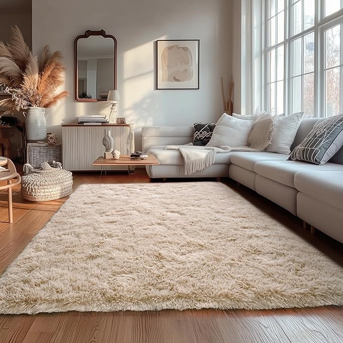 Beige Fluffy Rug for Bedroom 3x5 ft Small Rug - Ultra Soft & Non Slip Shaggy Area Rug, Comfy Durable Carpet for Living Room Kids Room Teens Dorm Home Decor, 1.7'' Thick Indoor Plush Carpets