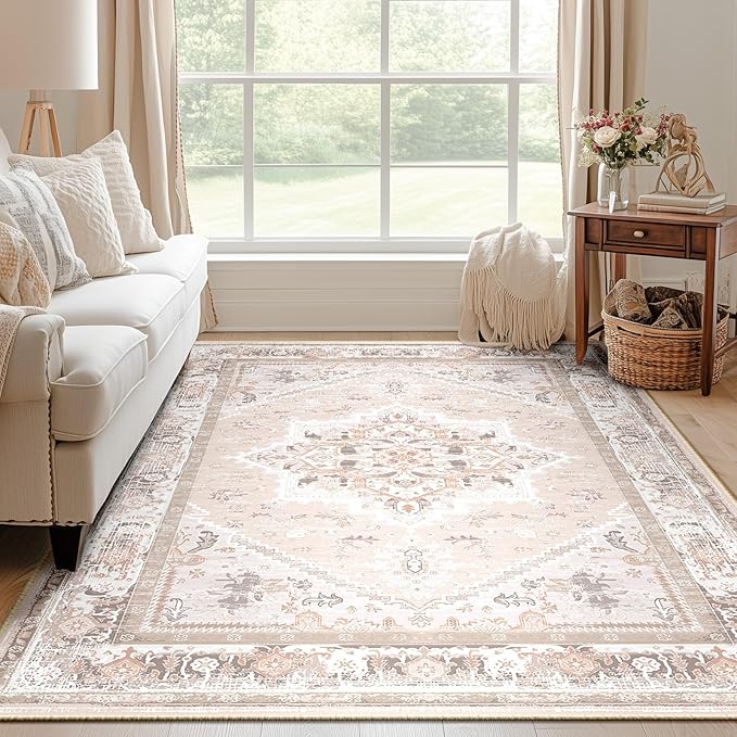 BESTSWEETIE 4x6 Area Rugs for Living Room Washable Non Slip Carpet Low Pile Soft Vintage Print Pattern Rug for Bedroom Dining Room Kitchen Entryway Indoor-Light Pink