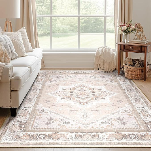 BESTSWEETIE 4x6 Area Rugs for Living Room Washable Non Slip Carpet Low Pile Soft Vintage Print Pattern Rug for Bedroom Dining Room Kitchen Entryway Indoor-Light Pink