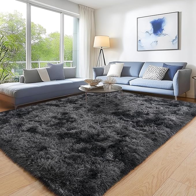 Large Area Rugs for Living Room, 6x9 Feet Tie-Dyed Black Grey Shaggy Fluffy Throw Carpets, Ultra Soft Plush Modern Indoor Fuzzy Rugs for Bedroom Kids Room Nursery Dorm Home Decor