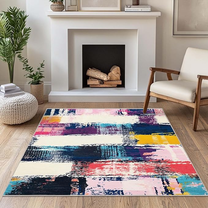 4x6 Rug Abstract Colorful Area Rug Bedroom Ultra-Thin Soft Low Pile Large Carpet Living Room Non Slip Dining Room Office Stain Resistant Washable Machine