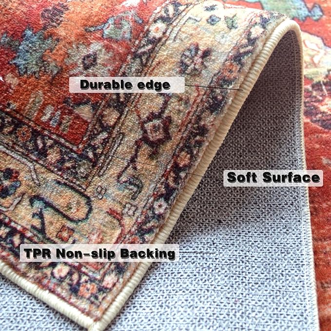 Yancorp 4'x6' Boho Area Rug for Bedroom Non Slip Washable Rug Vintage Carpet Living Room Non-Shedding Hallway Runner Rug Indoor Floor Mats Bedroom Kitchen Entryway Rugs-Rectangle Red