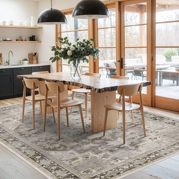 5X7 Washable Area Rug for Living Room, Vintage Large Boho Rugs for Office, Dining Room, Kids Room, Farmhouse, Durable Low Pile Non Slip Carpet for High Traffic Areas, Brown