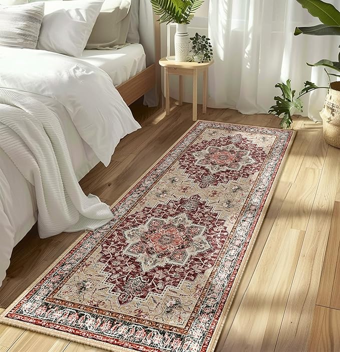 BESTSWEETIE 2x10 Area Rugs for Living Room, Washable Ultra Soft Boho Vintage Print Pattern Rug Non Slip Low Pile Carpet for Dining Room Bedroom Entryway Indoor-Wine/Natural/Red/Black