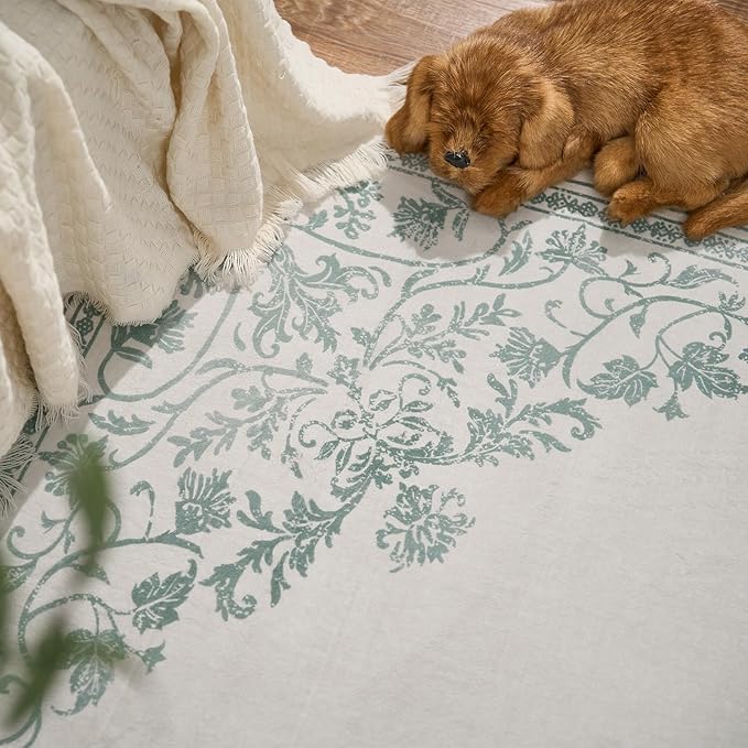 jinchan Runner Rug 2x5 Kitchen Washable Rug Vintage Entryway Hallway Runner Ultra-Thin Non Slip Carpet Floral Medallion Boho Floor Carpet for Bedroom Bathroom Laundry Room Farmhouse Green On Cream