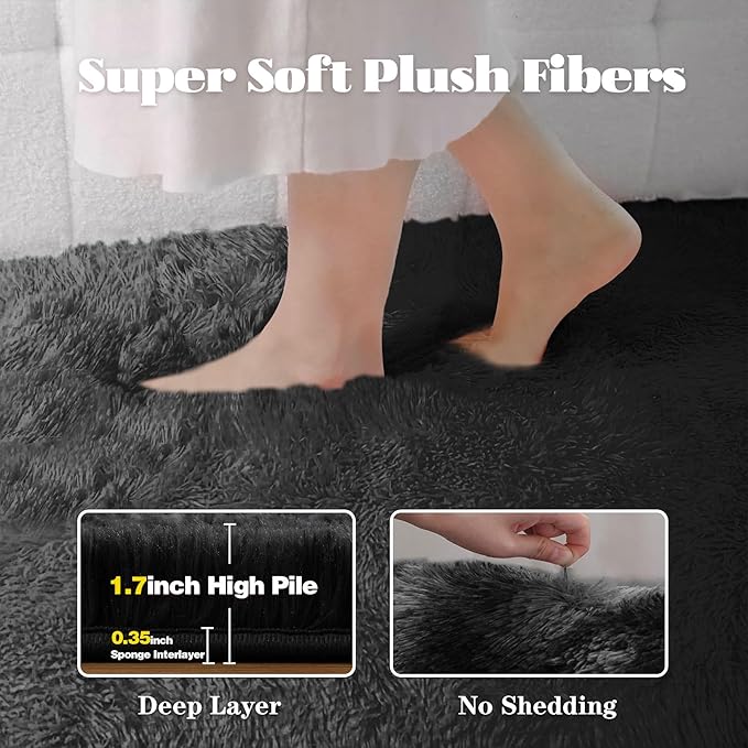 5x8 Area Rug for Living Room: Fluffy Shag Soft Washable Rugs Fuzzy Plush Indoor Carpet for Bedroom Nursery Playroom Dorm Kids Girls Boys Room (Black, 5'x8')