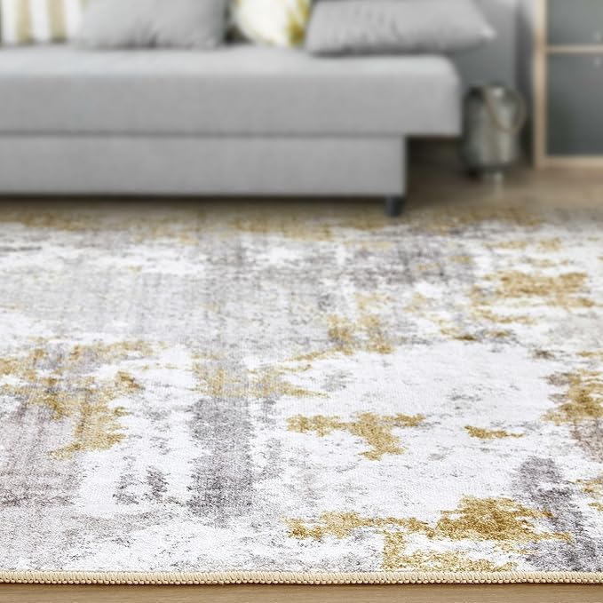 Washable Rug 9x12 Area Rugs for Living Room: Modern Abstract Neutral Soft Large Rug Bedroom Dining Room Under Kitchen Table Home Office Decor - Grey Gold