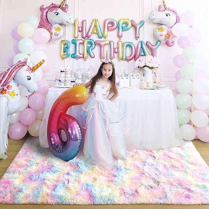 Noahas 3x5 Fluffy Pink Kids Rugs for Room,Rainbow Rug for Girls Bedroom,Soft Playroom Shag Nursery Carpets Room Decor
