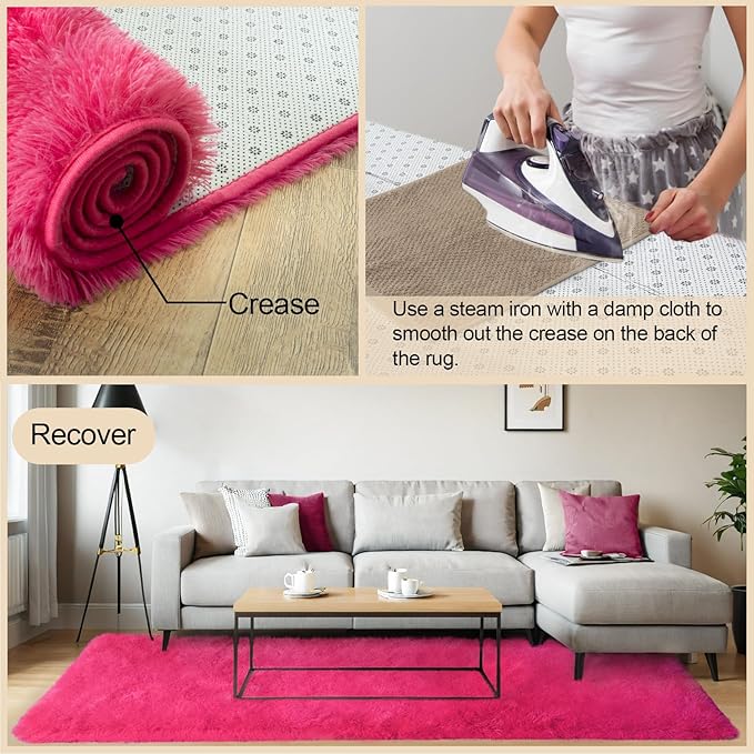 2x3 Rugs for Bedroom, Fluffy Area Rugs for Living Room, Soft Shag Kids Rug Small Carpet with 4 Non-Slip Rug Pads (Hot Pink,2ft x 3ft)