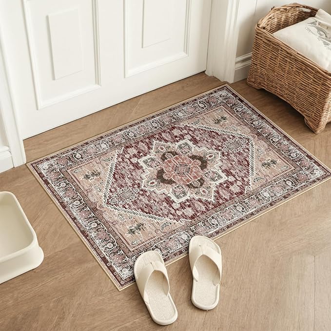 BESTSWEETIE 2x3 Area Rugs for Living Room Washable Non Slip Carpet Low Pile Soft Vintage Print Pattern Rug for Bedroom Dining Room Kitchen Entryway Indoor-Wine/Brown/Brick/Black/Light tan