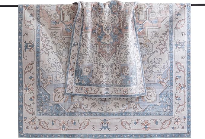Carvapet Rugs for Living Room, Vintage Low Pile Large Carpet with Rubber Backing, Foldable, Non Slip Machine Washable (7 x 5 Feet Rectangular, Orange/Blue Area Rug)