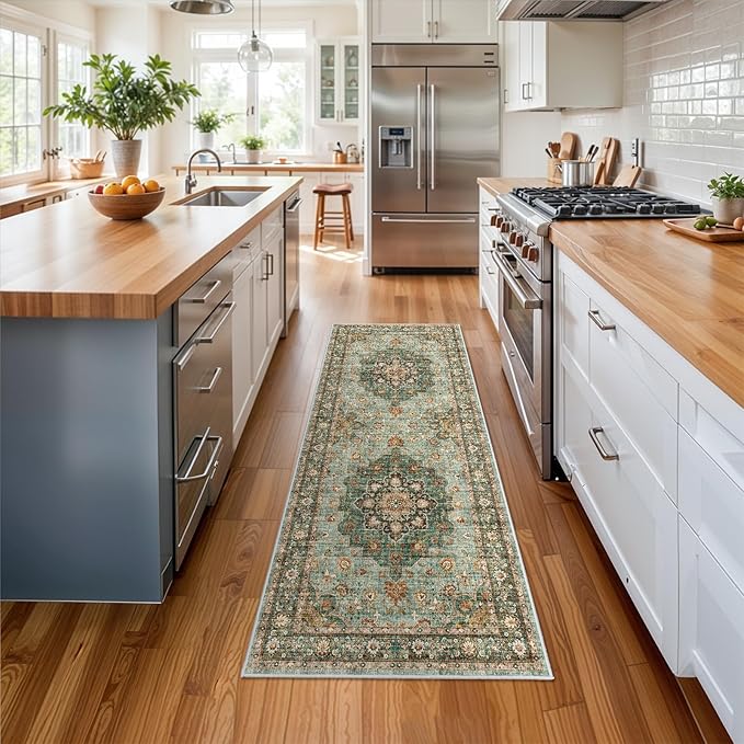 Washable Oriental Hallway Runner Rug - 2x6 Rugs for Living Room Soft Carpet for Bedroom Kitchen Waterproof Floral Distressed Indoor Stain Resistant Non-Shedding Floor Carpets (Green, 2X6)