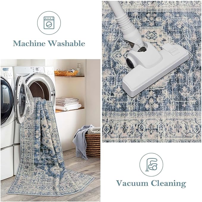 Lahome Oriental Kitchen Runner Rug Non Slip, 2x5 Washable Hallway Runner with Rubber Backing, Vintage Hallway Rug Ultra-Thin Soft Carpet for Bedroom Bathroom, Blue