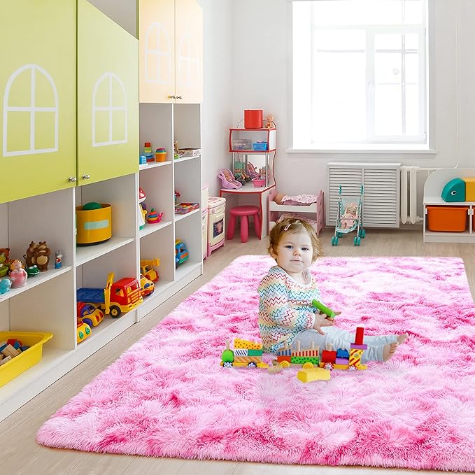 Noahas 4x6 Fluffy Kids Rugs for Room,Soft Pink Tie-Dyed Rainbow Rug for Girls Bedroom,Soft Colorful Playroom Shag Nursery Carpets Room Decor